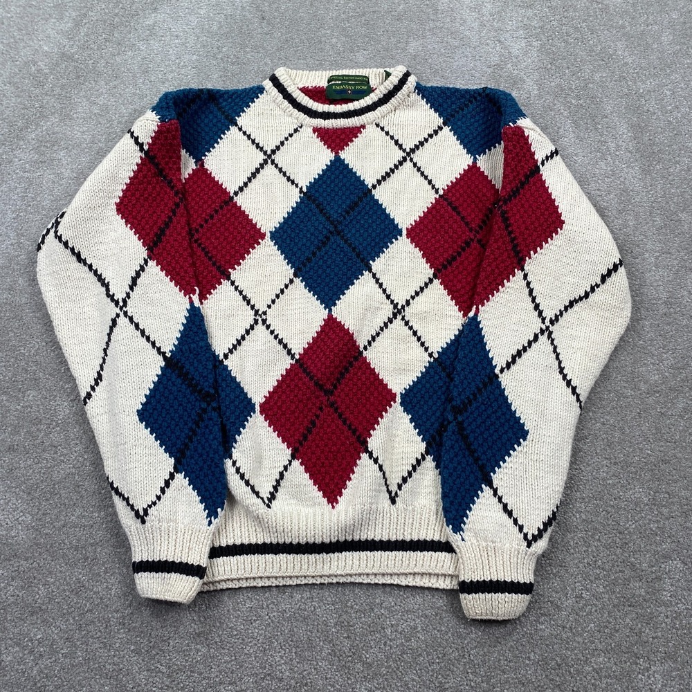 Vintage Embassy Row Hand Knitted Argyle Pullover Sweater Men's M Ivory Red